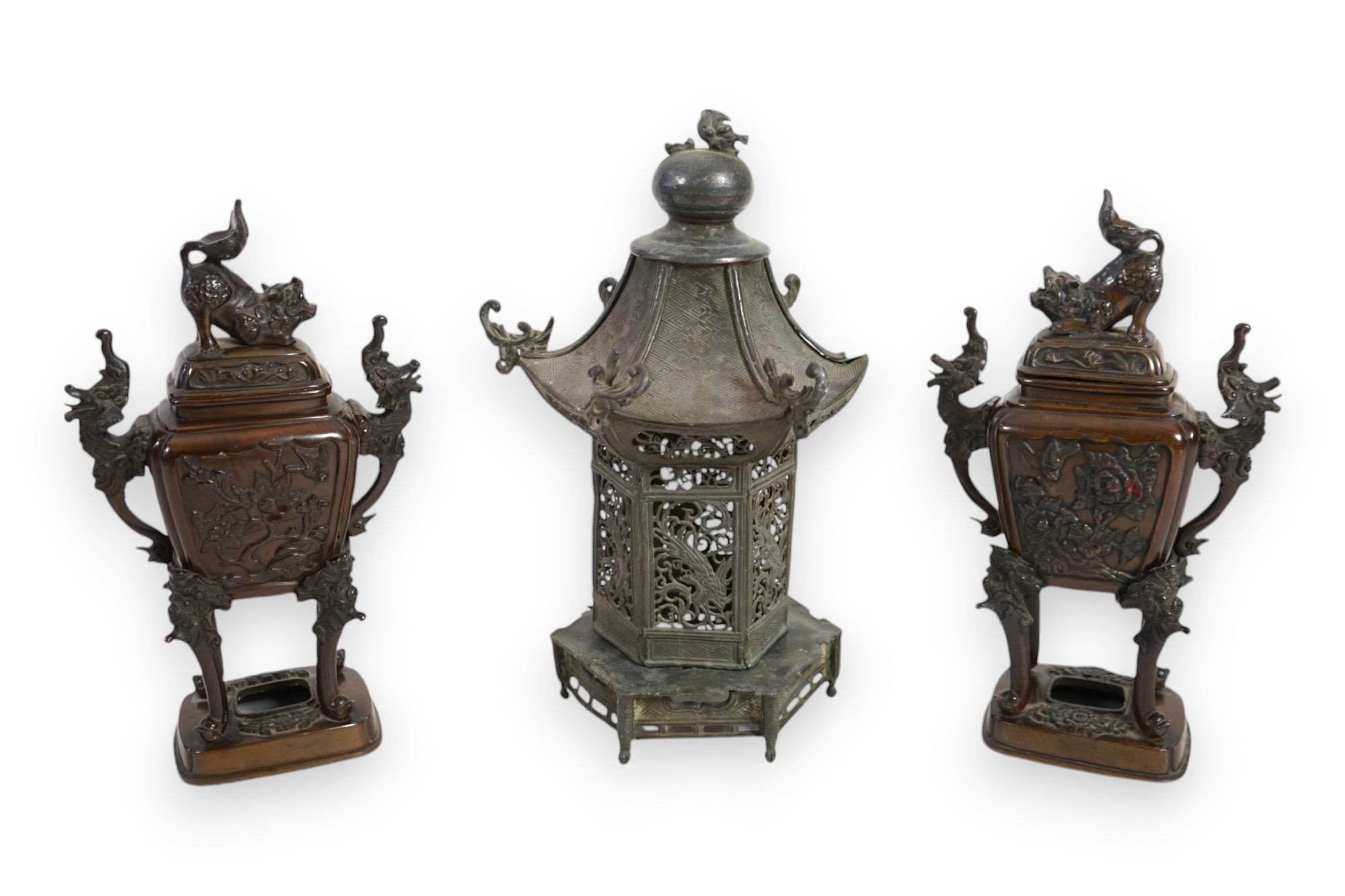 A pair of Japanese bronze koros and covers, late Meiji period